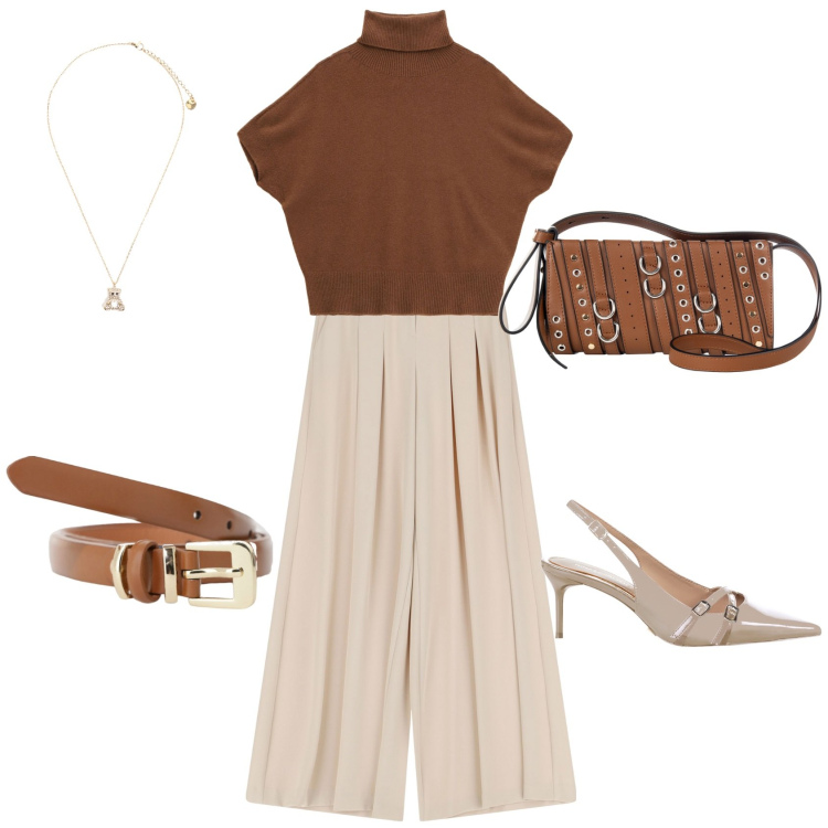 Outfit donna - Settembre non ti temo. Stile Casual chic per Ufficio. Abbinamento con borse a spalla, décolleté, cinture, maglieria, pantaloni, ciondoli.