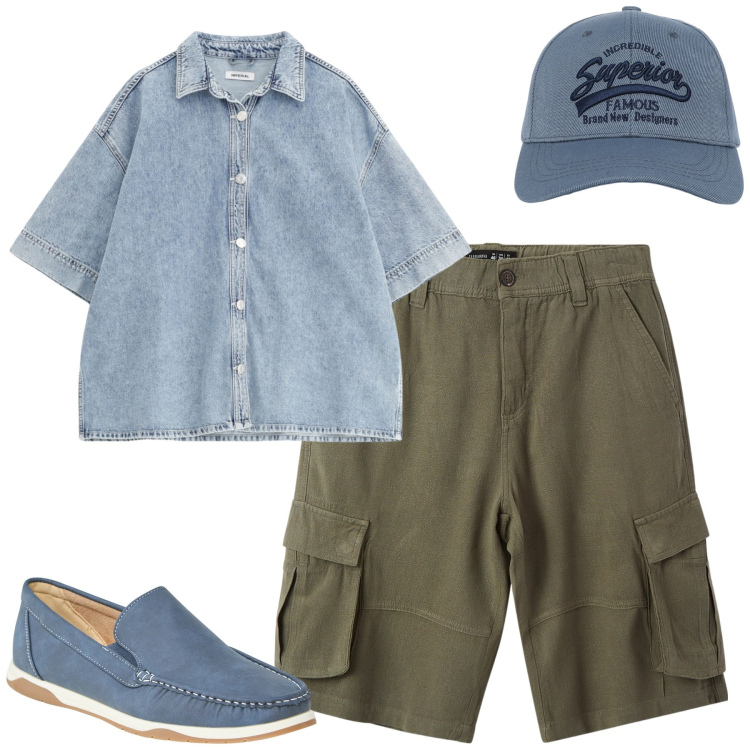 Outfit uomo - Total look #2234039. Stile Casual per Tutti i giorni. Abbinamento con scarpe stringate, cappelli con visiera, bermuda, camicie a manica corta.