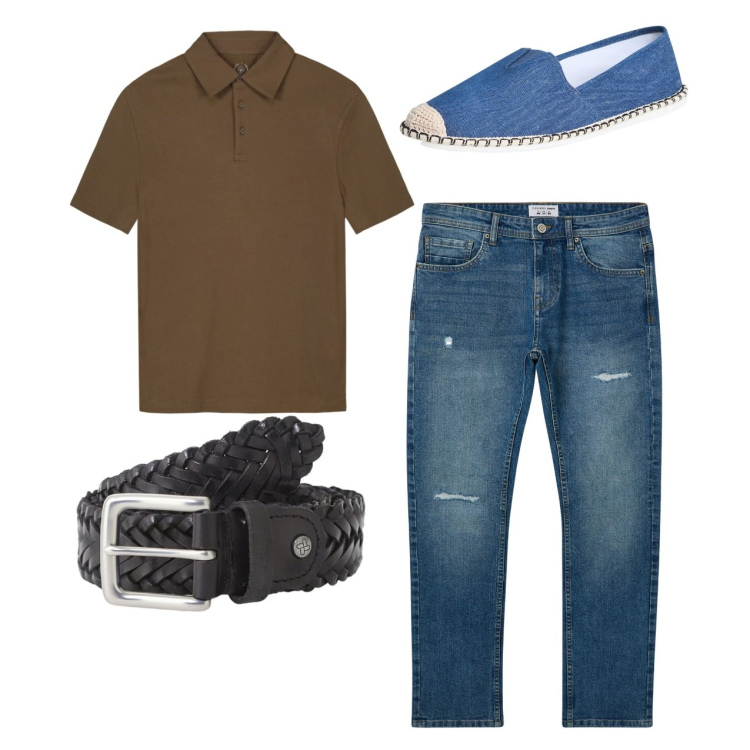 Outfit uomo - City. Stile Casual per Tutti i giorni. Abbinamento con espadrillas, jeans strappati, cinture, polo.
