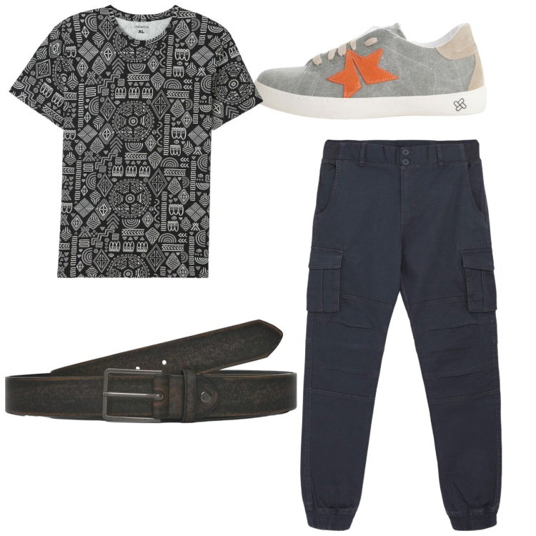 Outfit uomo - City. Stile Casual per Tutti i giorni. Abbinamento con t-shirt, pantaloni cargo, cinture, sneakers.