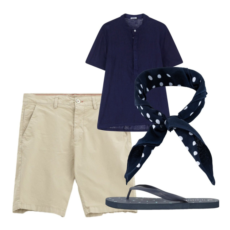 Outfit uomo - City. Stile Casual per Tutti i giorni. Abbinamento con sandali, t-shirt, bermuda, sciarpe e foulard.