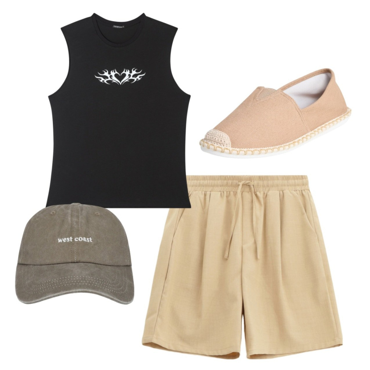 Outfit uomo - Total look city. Stile Casual per Mare. Abbinamento con espadrillas, canottiere, cappelli, bermuda.