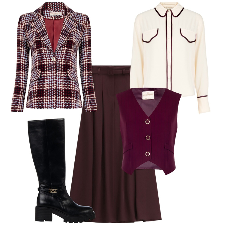 Outfit donna - Total look #2234062. Stile Vintage retrò per Ufficio. Abbinamento con blazer, stivali sopra il ginocchio, gilet, camicie, gonne lunghe.