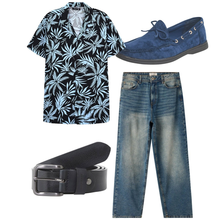 Outfit uomo - City. Stile Casual per Tutti i giorni. Abbinamento con scarpe stringate, camicie a manica corta, jeans, cinture.