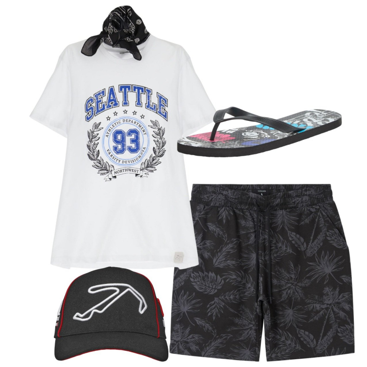 Outfit uomo - Total look city. Stile Casual per Tutti i giorni. Abbinamento con bermuda, sandali, cappelli, t-shirt.