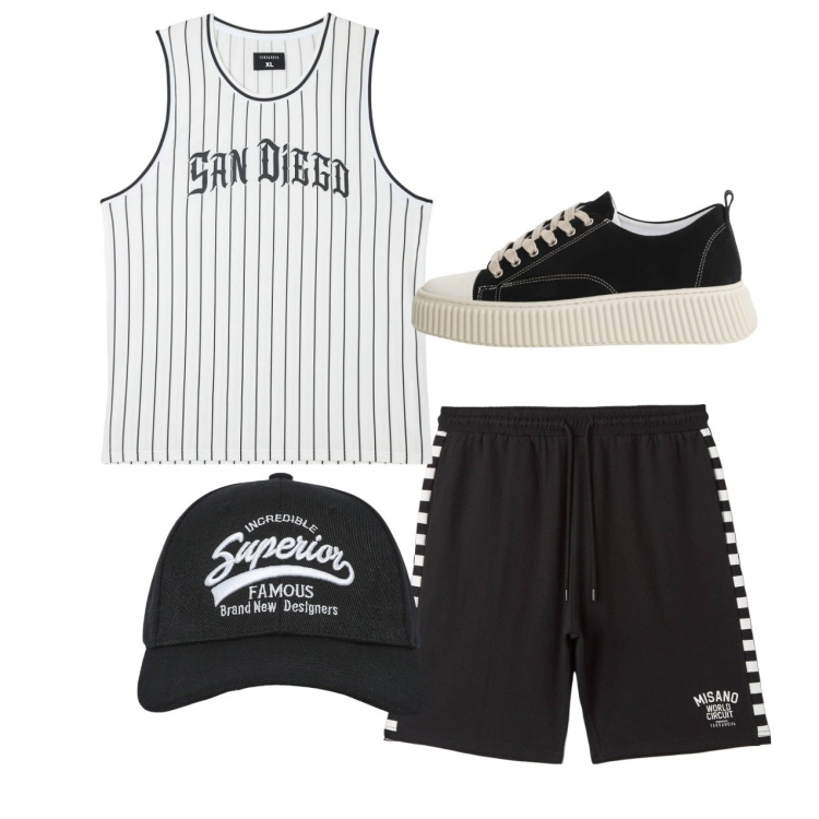 Outfit uomo - Total look city. Stile Casual per Sport. Abbinamento con bermuda, canottiere, cappelli con visiera, sneakers.
