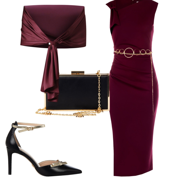 Outfit donna - Serata evento. Stile Glamour per Serata fuori. Abbinamento con vestiti a tubino, cinture, scialli, décolleté, pochette.