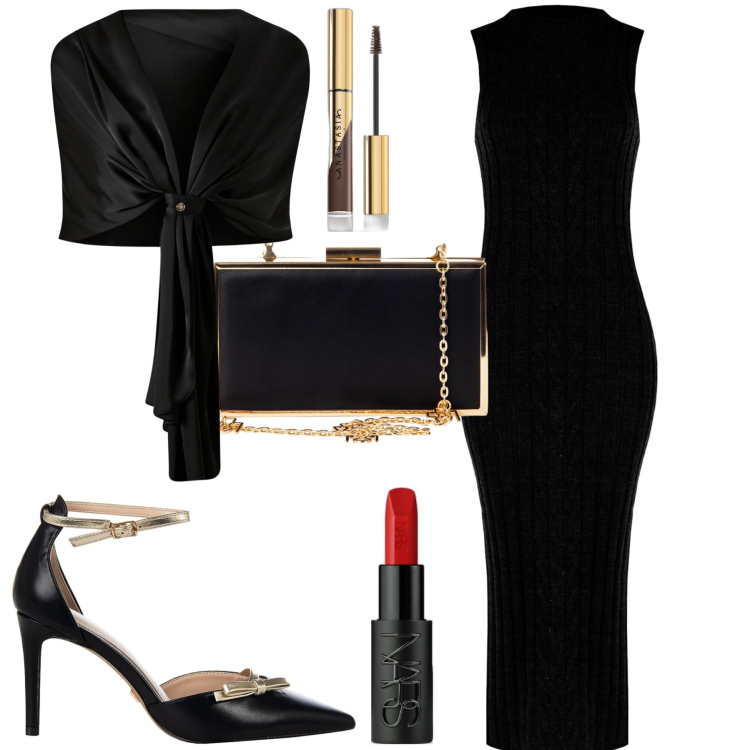 Outfit donna - Serata evento. Stile Glamour per Serata fuori. Abbinamento con mascara, rossetti, vestiti midi/longuette, scialli, pochette, décolleté.