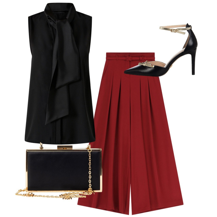 Outfit donna - Evento. Stile Chic per Serata fuori. Abbinamento con top, pochette, décolleté, pantaloni a palazzo.