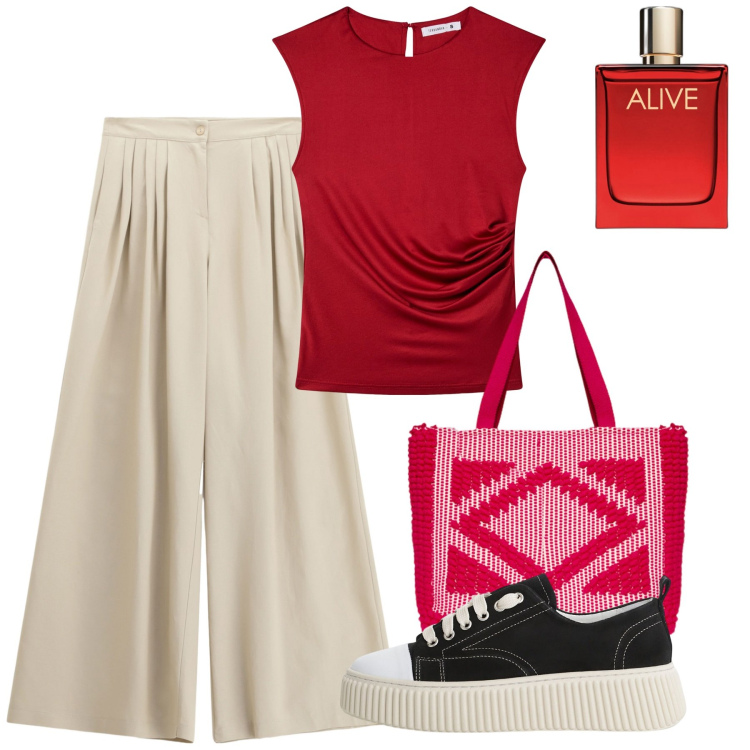 Outfit donna - Agosto. Stile Bon Ton per Ufficio. Abbinamento con profumi, t-shirt, pantaloni a palazzo, sneakers, borse a mano.