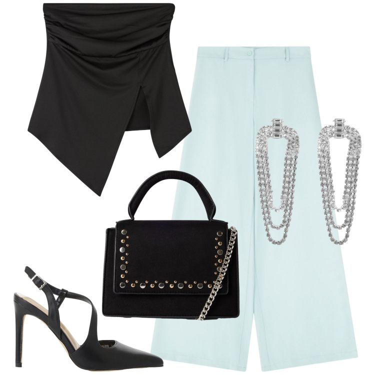 Outfit donna - Che serata!. Stile Sexy per Serata fuori. Abbinamento con top, orecchini, borse a tracolla, pantaloni, décolleté.