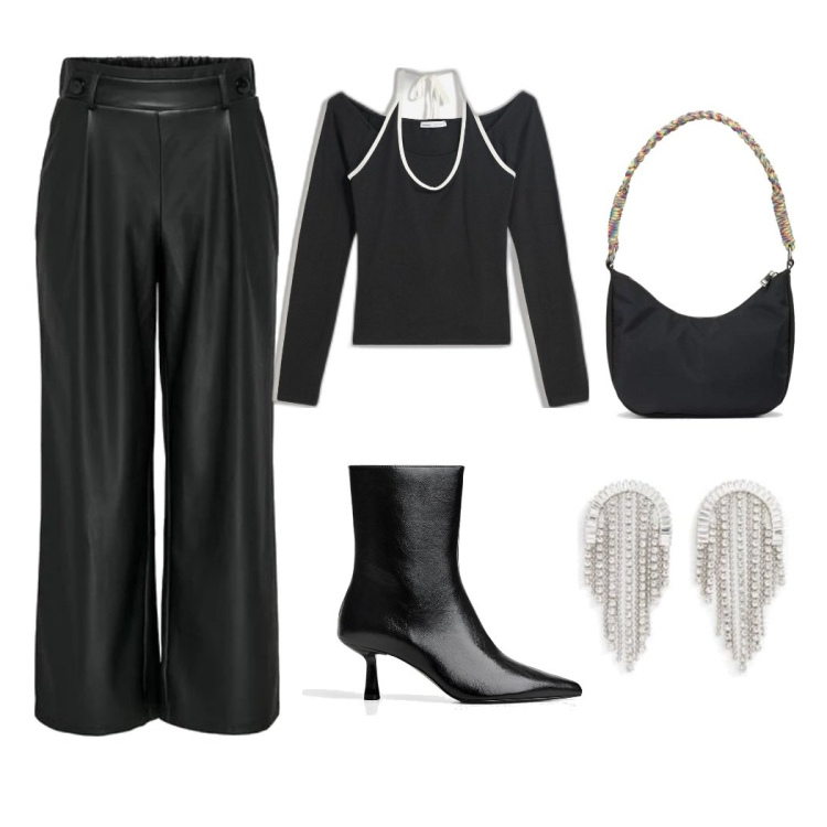 Outfit mujer - Sexy rock. Estilo Rock para Noche/Fiesta elegante. look ideal para Tall/Alta. Combinación con pantalones, botines, camiseta, pendientes, bolsos de mano.