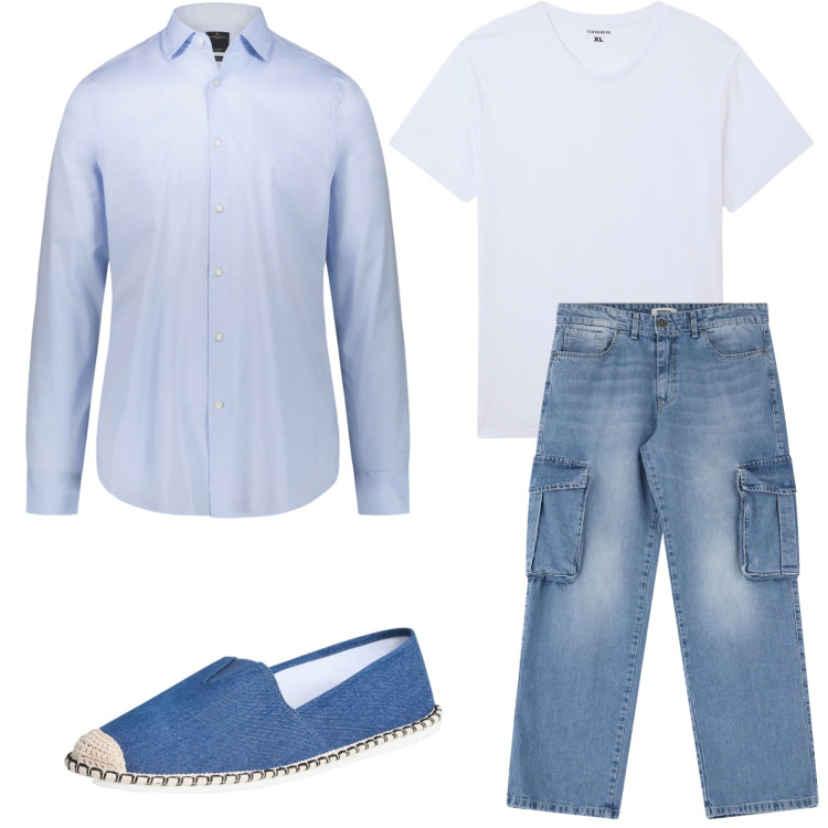 Outfit uomo - Tonalità blu. Stile Casual per Tutti i giorni. Abbinamento con espadrillas, t-shirt, jeans, camicie.