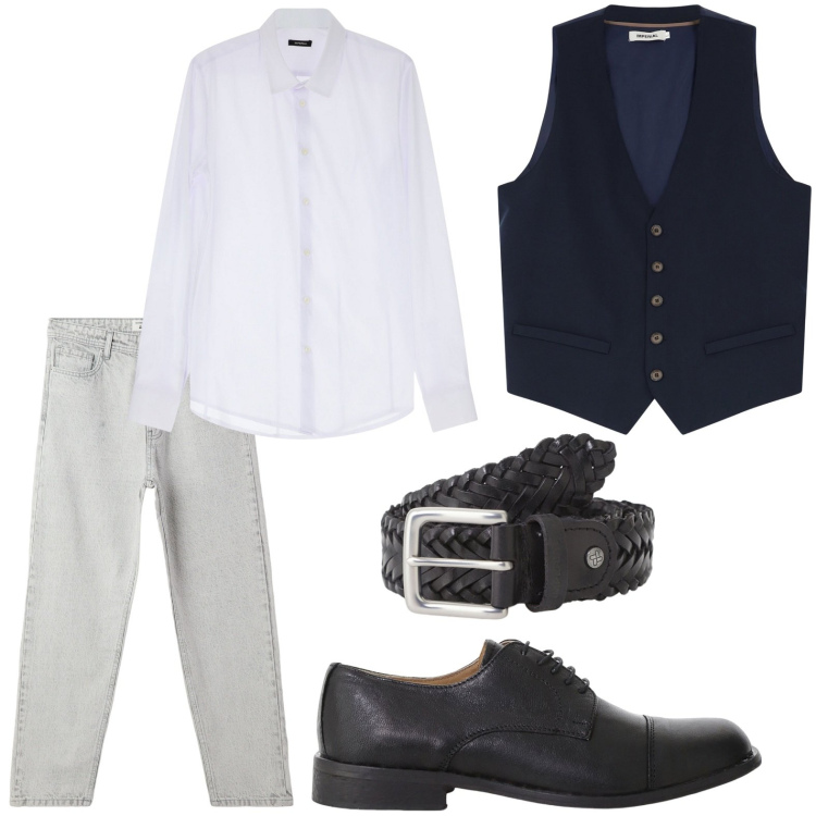 Outfit uomo - Gilet in ufficio. Stile Casual per Ufficio. Abbinamento con jeans, gilet, cinture, scarpe stringate, camicie.