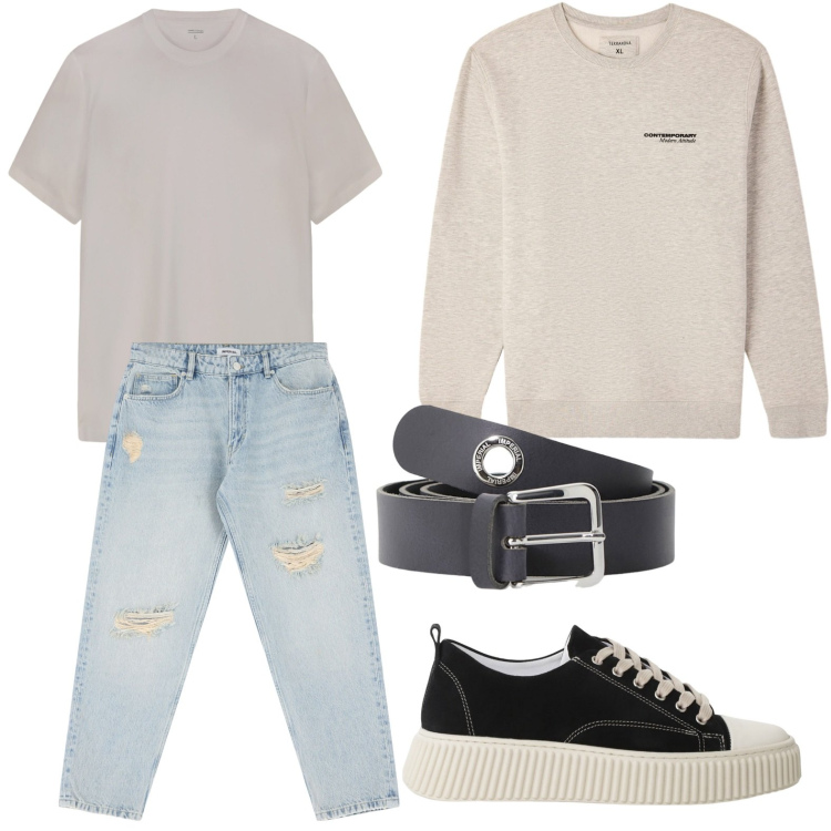 Outfit uomo - Strappi audaci. Stile Casual per Tutti i giorni. Abbinamento con felpe, sneakers, cinture, jeans strappati, t-shirt.