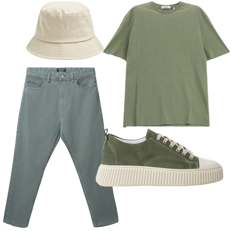 Outfit uomo - Colori armoniosi. Stile Casual per Tutti i giorni. Abbinamento con cappelli, jeans, sneakers, t-shirt.