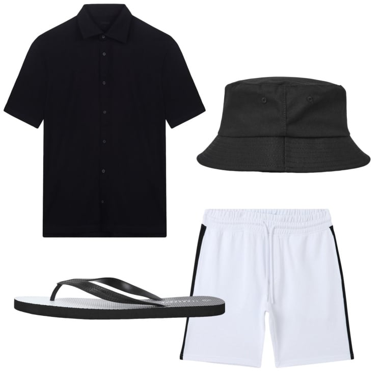 Outfit uomo - Essenziale. Stile Trendy per Tutti i giorni. Abbinamento con pantaloni corti, cappelli, sandali, polo.