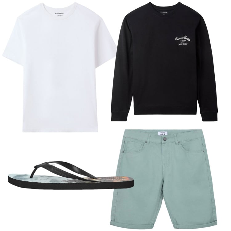 Outfit uomo - Infradito in città. Stile Casual per Tutti i giorni. Abbinamento con t-shirt, felpe con cappuccio, sandali, bermuda.