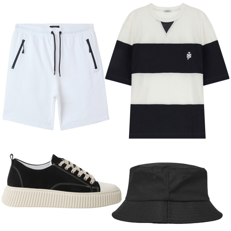 Outfit uomo - Un giro in barca. Stile Trendy per Mare. Abbinamento con cappelli, bermuda, sneakers, t-shirt.