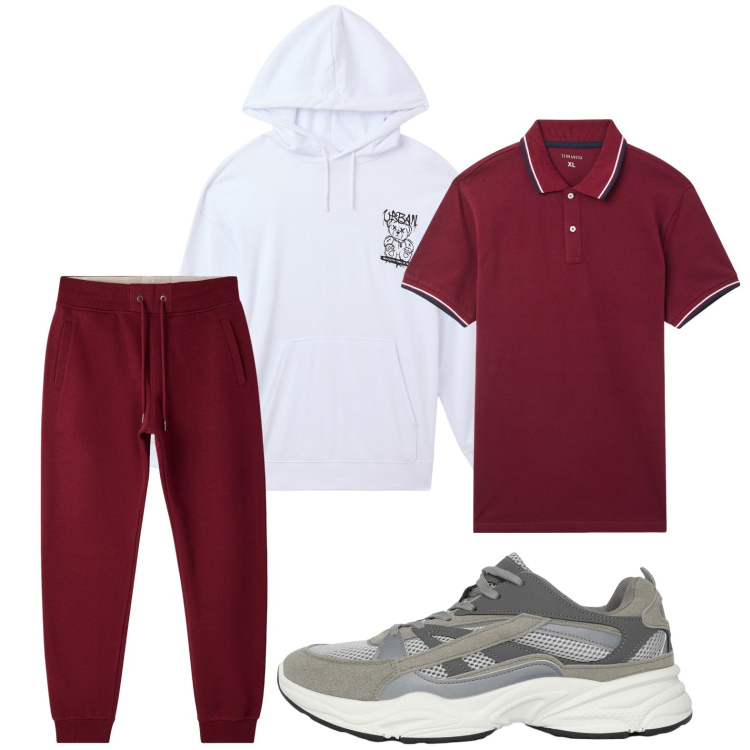 Outfit uomo - Sportivo. Stile Casual per Tutti i giorni. Abbinamento con felpe con cappuccio, sneakers, pantaloni, polo.
