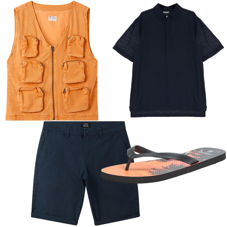 Outfit uomo - Il gilet multifunzionale. Stile Casual per Tutti i giorni. Abbinamento con sandali, gilet, bermuda, polo.