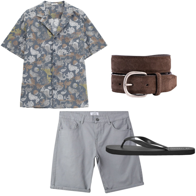 Outfit uomo - La camicia con stampa. Stile Casual per Tutti i giorni. Abbinamento con sandali, bermuda, camicie a manica corta, cinture.