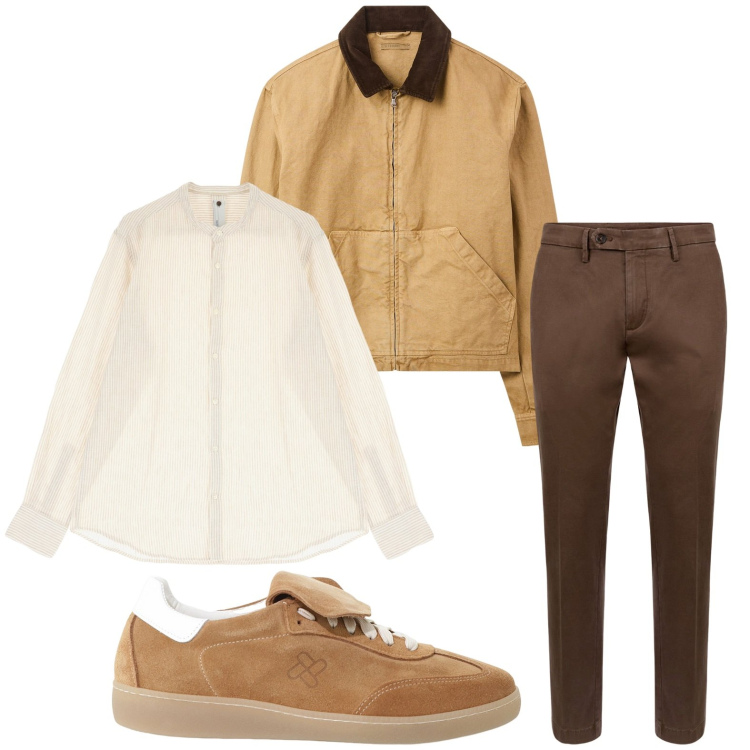 Outfit uomo - Toni naturali. Stile Casual per Ufficio. Abbinamento con cappotti, camicie, sneakers, pantaloni chino.