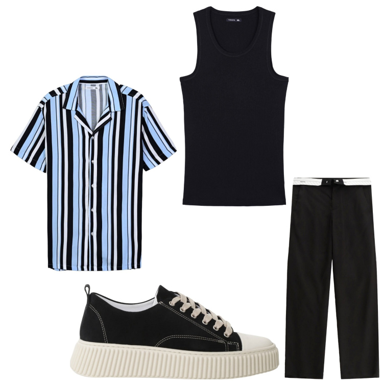 Outfit uomo - Righe su nero. Stile Casual per Tutti i giorni. Abbinamento con camicie a manica corta, canottiere, sneakers, pantaloni.