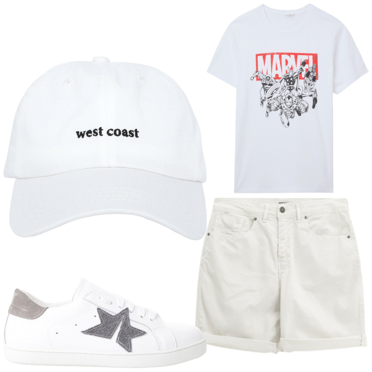 Outfit uomo - Il mio eroe. Stile Casual per Tutti i giorni. Abbinamento con cappelli, t-shirt, sneakers, shorts.