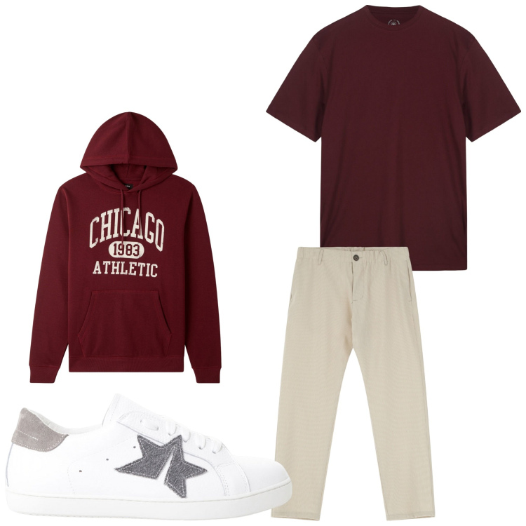 Outfit uomo - Guardiamo la partita. Stile Casual per Tutti i giorni. Abbinamento con felpe con cappuccio, pantaloni, sneakers, t-shirt.