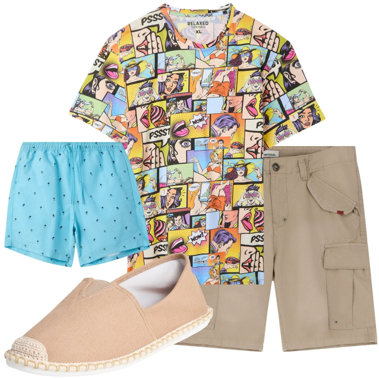 Outfit uomo - Total look #2234252. Stile Trendy per Mare. Abbinamento con espadrillas, costumi, t-shirt, bermuda.