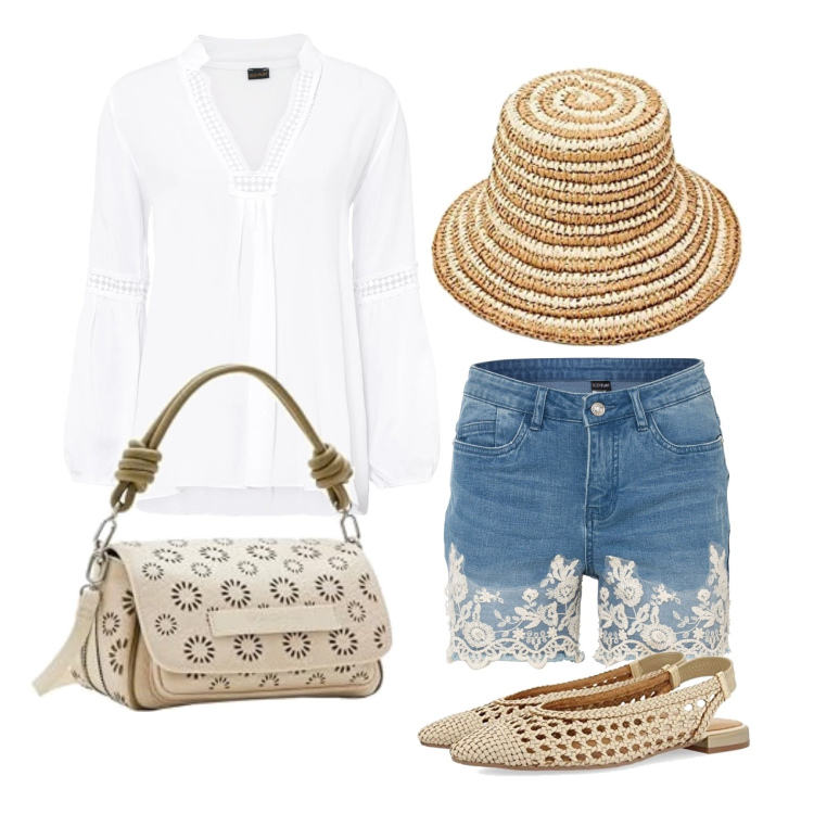 Outfit femme - Août. Style Casual chic pour Tous les jours. Assortir avec short, tuniques, ballerines, sacs en bandoulière, bonnets.