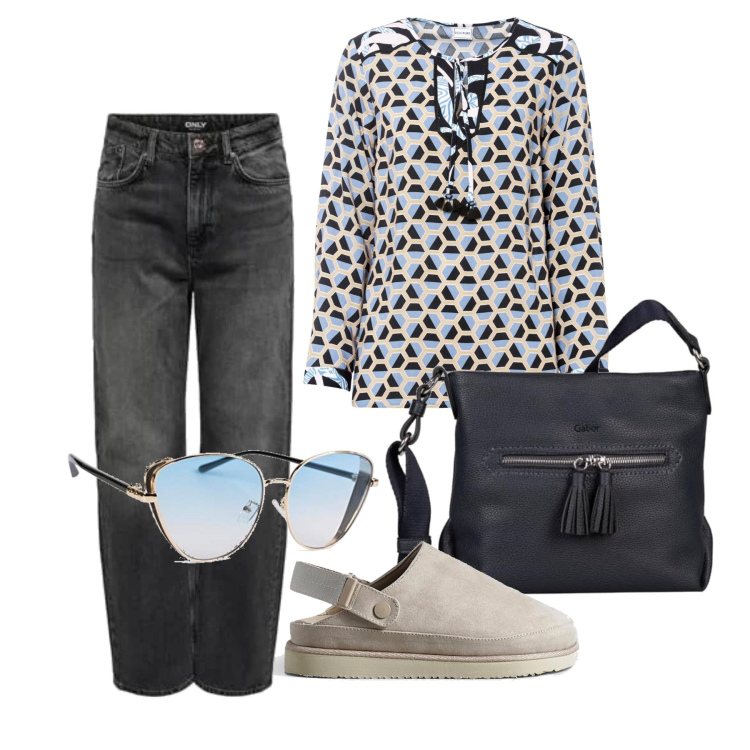 Outfit femme - Août. Style Casual chic pour Tous les jours. Assortir avec tuniques, sabots, lunettes de soleil, jeans, sacs en bandoulière.