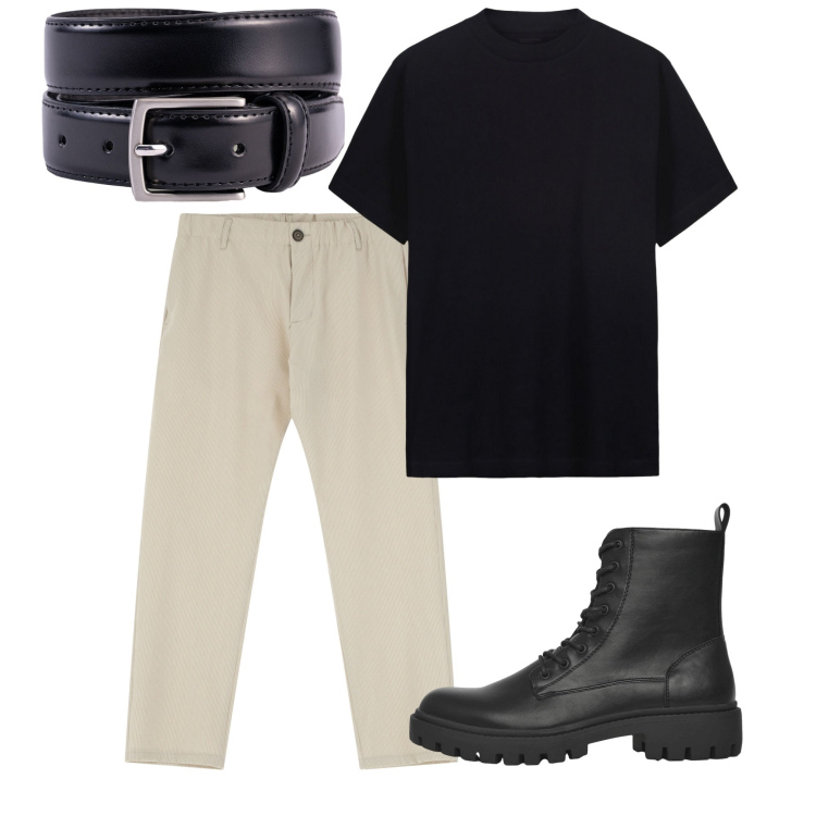 Outfit uomo - In città. Stile Urban per Tutti i giorni. Abbinamento con anfibi, pantaloni, t-shirt, cinture.