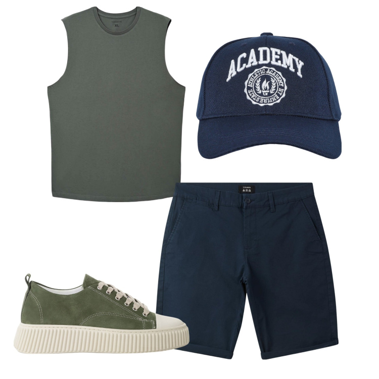 Outfit uomo - Blu e verde. Stile Casual per Tutti i giorni. Abbinamento con canottiere, bermuda, cappelli con visiera, sneakers.