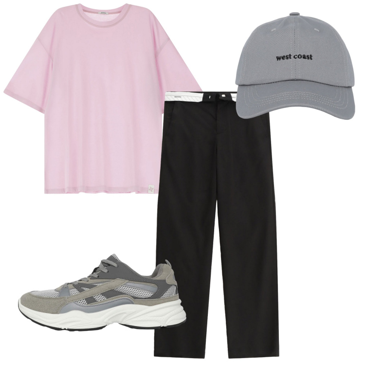 Outfit uomo - La maglietta rosa 2. Stile Urban per Tutti i giorni. Abbinamento con cappelli con visiera, sneakers, t-shirt, pantaloni.