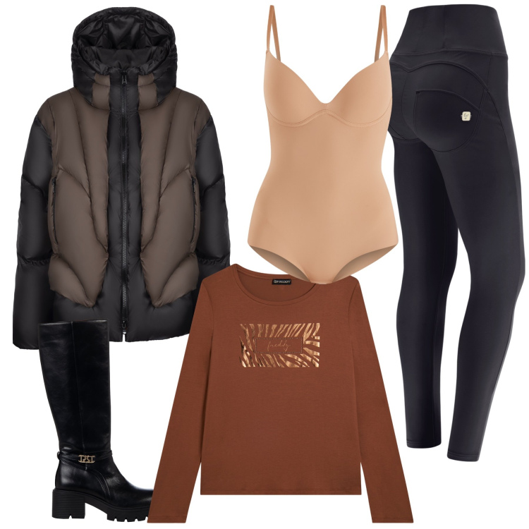 Outfit donna - Body basic in montagna. Stile Casual per Tutti i giorni. Abbinamento con body, stivali sopra il ginocchio, pantaloni skinny, t-shirt, piumini.