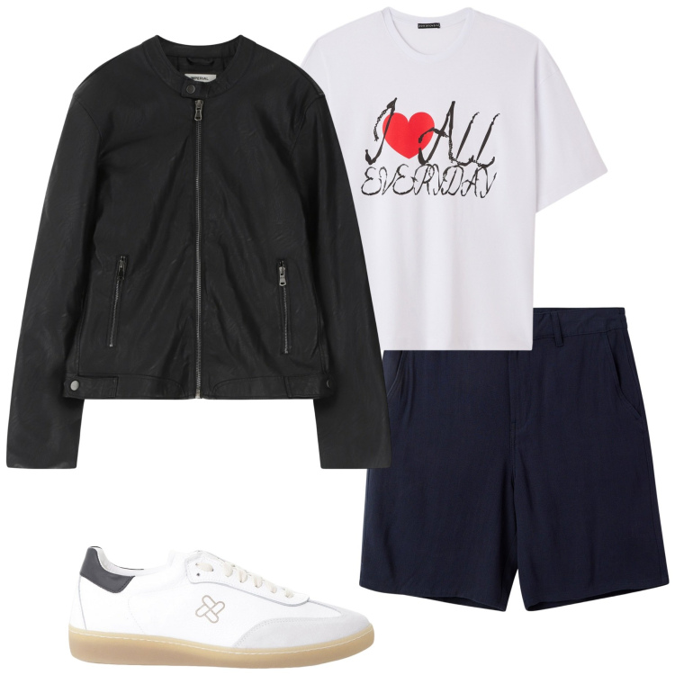 Outfit uomo - Giubbino di sera al mare. Stile Casual per Mare. Abbinamento con pantaloni corti, t-shirt, giacche, sneakers.