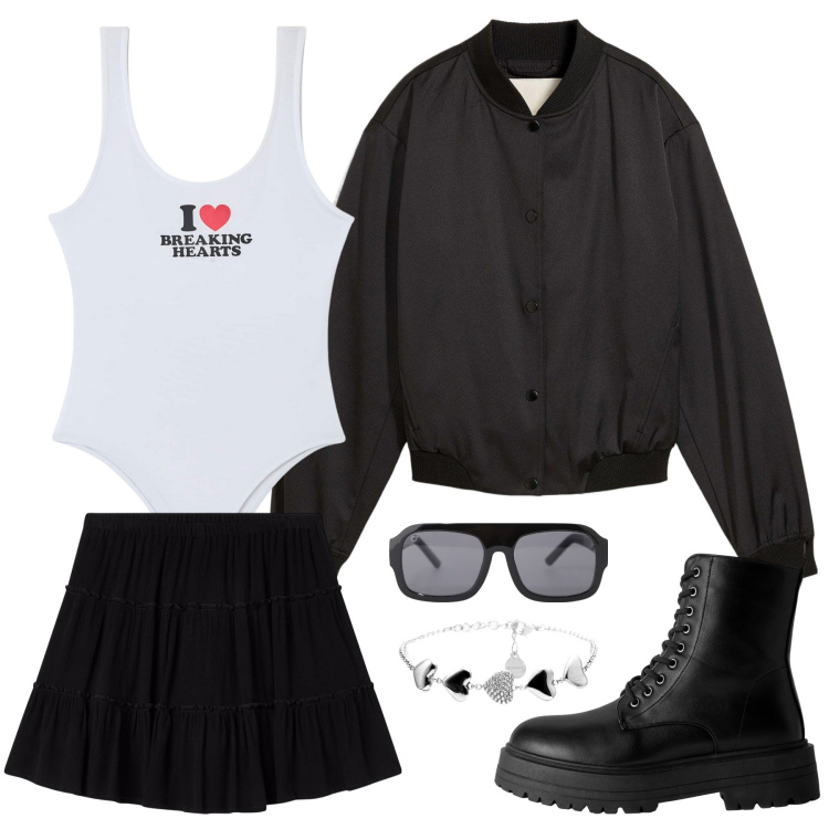 Outfit donna - Urban 001. Stile Urban per Tutti i giorni. Abbinamento con bomber, body, minigonne, anfibi, occhiali da sole, braccialetti.