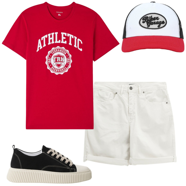 Outfit uomo - Cappello con visiera. Stile Casual per Tutti i giorni. Abbinamento con t-shirt, cappelli con visiera, sneakers, shorts.