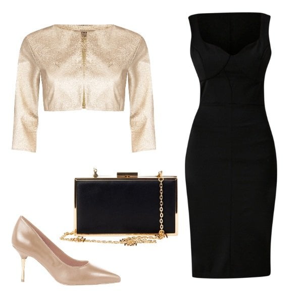 Outfit donna - eleganza classica. Stile Chic per Serata fuori. Abbinamento con vestiti a tubino, pochette, bolero, décolleté.