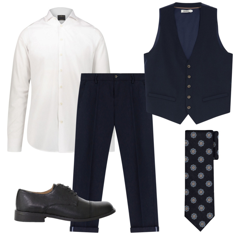 Outfit uomo - Con il gilet. Stile Business/Elegante per Serata speciale. Abbinamento con gilet, scarpe stringate, pantaloni chino, camicie, cravatte.