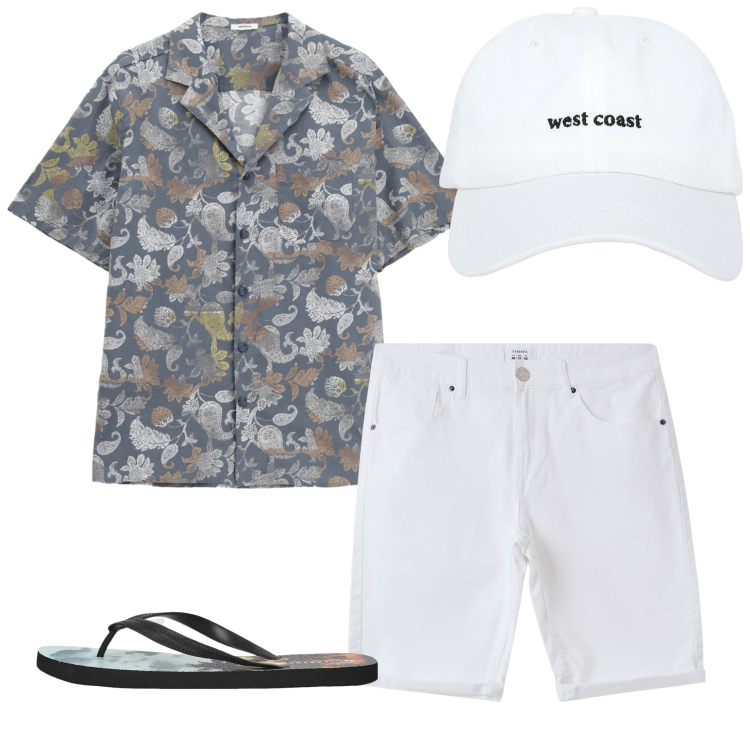 Outfit uomo - In vacanza. Stile Trendy per Mare. Abbinamento con cappelli, bermuda, sandali, camicie a manica corta.