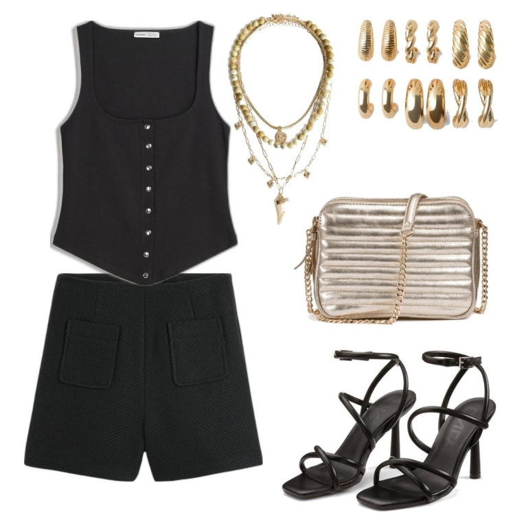 Outfit mujer - Cena Chic. Estilo Trendy para Noche/Fiesta elegante. Combinación con bolsos de hombro, top, colgantes, pantalones cortos, sandalias de tacón, pendientes.