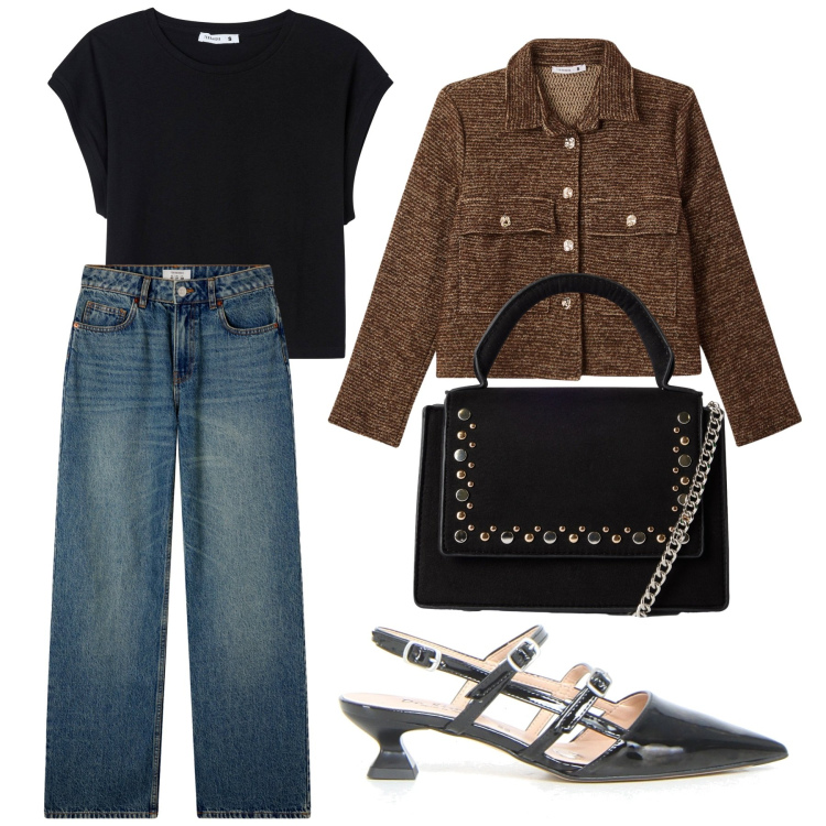 Outfit donna - Total look #2234342. Stile Casual chic per Scuola/Università. Abbinamento con blazer, jeans, t-shirt, borse a tracolla, décolleté.