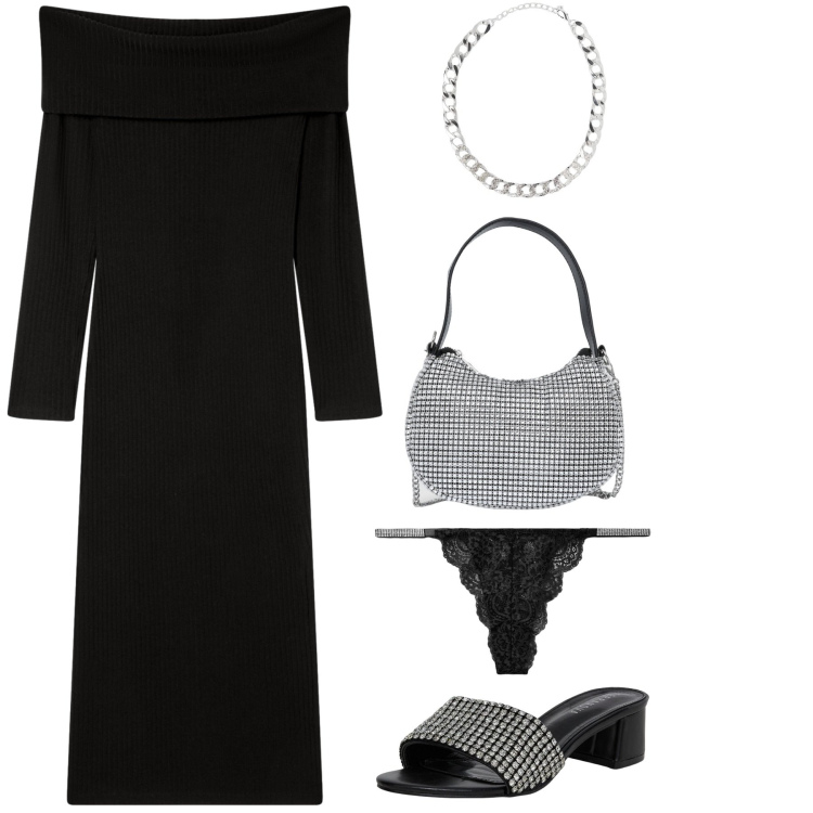 Outfit donna - shining with #Terranova. Stile Chic per Serata fuori. Abbinamento con borse a spalla, collane, culotte, vestiti lunghi, ciabatte.