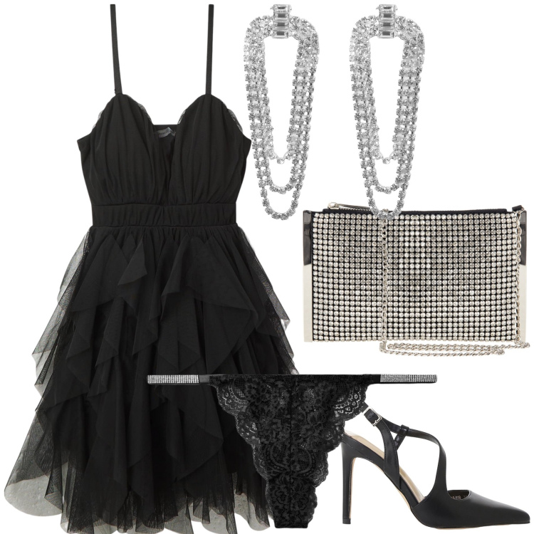 Outfit donna - Importante evento in corto. Stile Glamour per Serata fuori. Abbinamento con vestiti corti, culotte, orecchini, pochette, décolleté.
