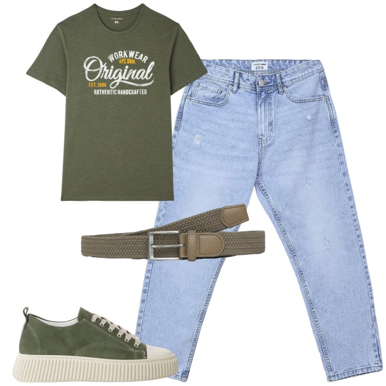 Outfit uomo - Total look #2234441. Stile Casual per Tutti i giorni. Abbinamento con t-shirt, jeans strappati, cinture, sneakers.