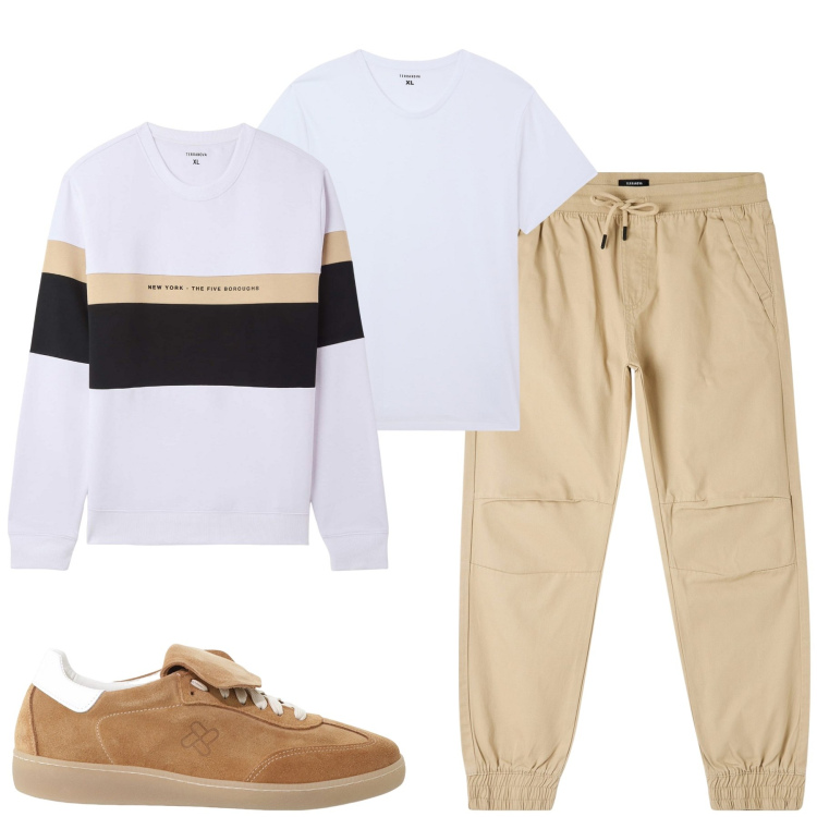 Outfit uomo - Fine agosto. Stile Casual per Tutti i giorni. Abbinamento con pantaloni, t-shirt, felpe con cappuccio, sneakers.