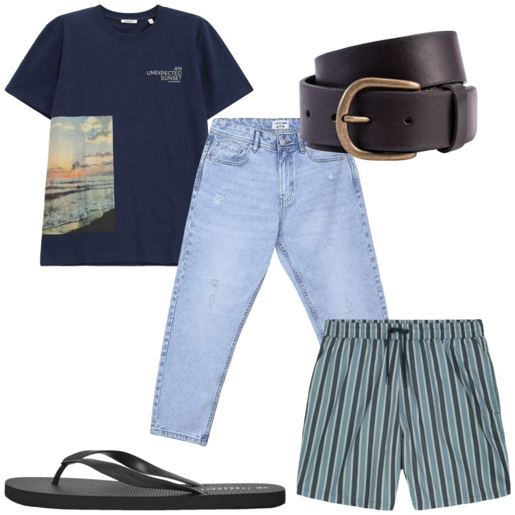 Outfit uomo - Total look #2234457. Stile Trendy per Mare. Abbinamento con jeans strappati, sandali, t-shirt, cinture, costumi.